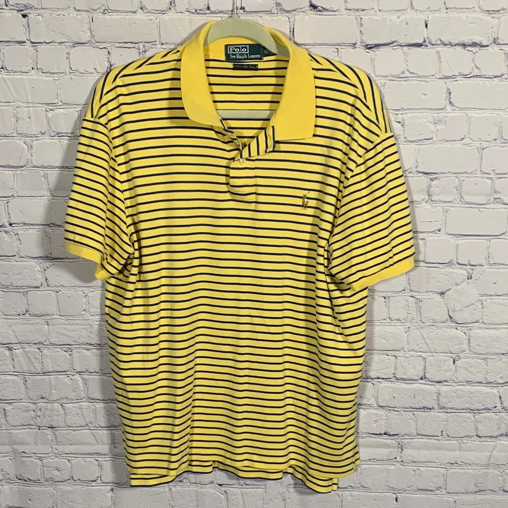 Polo Ralph Lauren Mens VTG Pima Soft Touch Striped Polo Yellow Blue XL Preppy